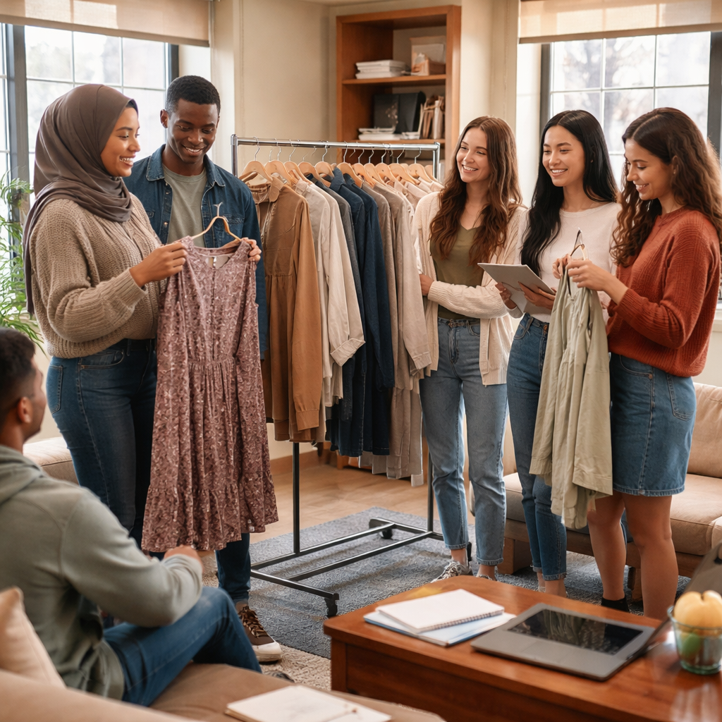 A photorealistic campus dorm common room in the United States, diverse group of Gen Z students evaluating outfits on a rack, natural daylight, a laptop open on a coffee table, warm earthy tones, and a sense of focus on practical wardrobe choices for modesty. Alt: Diverse college students planning outfits on campus to reflect modesty in a modern wardrobe.