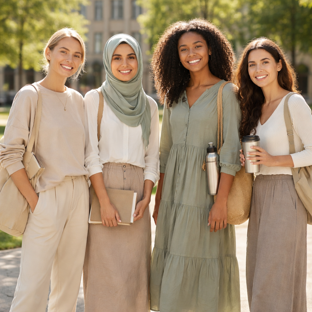 A photorealistic scene of a diverse group of college students on campus standing near a campus quad, each wearing outfits that illustrate minimalist, faith‑based, and sustainable modesty approaches—neutral basics, modest‑cut blouses, and eco‑friendly fabrics—sunlight casting soft shadows, realistic style, appealing to Gen Z learners.