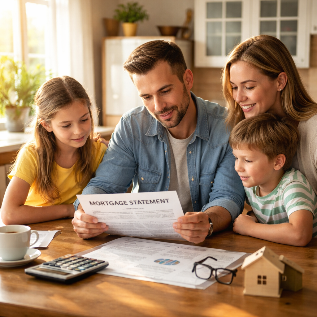A photorealistic scene of a family gathered around a kitchen table with a mortgage statement, a calm atmosphere, and subtle sunlight highlighting the document, illustrating mortgage protection insurance concepts for homeowners. Alt: Mortgage protection insurance explained with family at kitchen table.