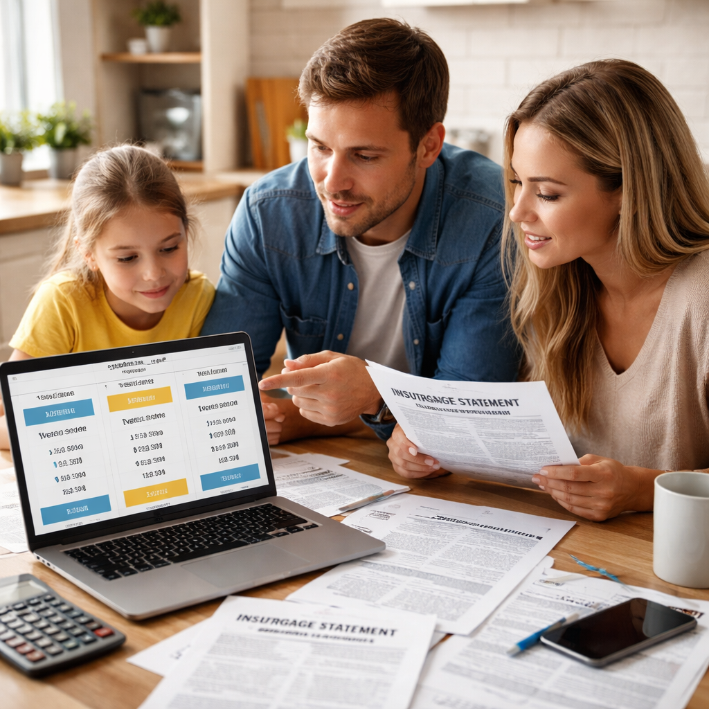 A photorealistic scene of a family sitting at a kitchen table with mortgage statements, a laptop showing insurance quotes, and a calculator, illustrating the comparison of mortgage protection, term life, and disability insurance options. Alt: Realistic comparison of mortgage protection, term life, and disability insurance for homeowners.