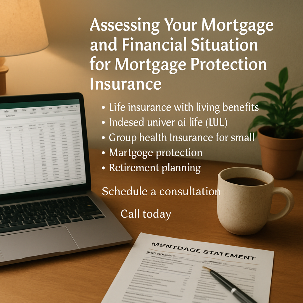 A cozy home office with a laptop open to a spreadsheet, a mortgage statement beside it, and a coffee mug. Alt: Assessing mortgage and financial situation for mortgage protection insurance