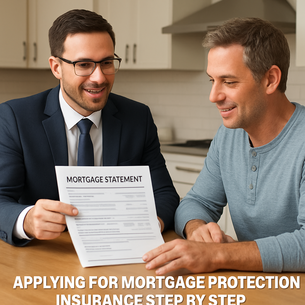 A friendly insurance agent reviewing a mortgage statement with a homeowner at a kitchen table. Alt: Applying for mortgage protection insurance step by step.