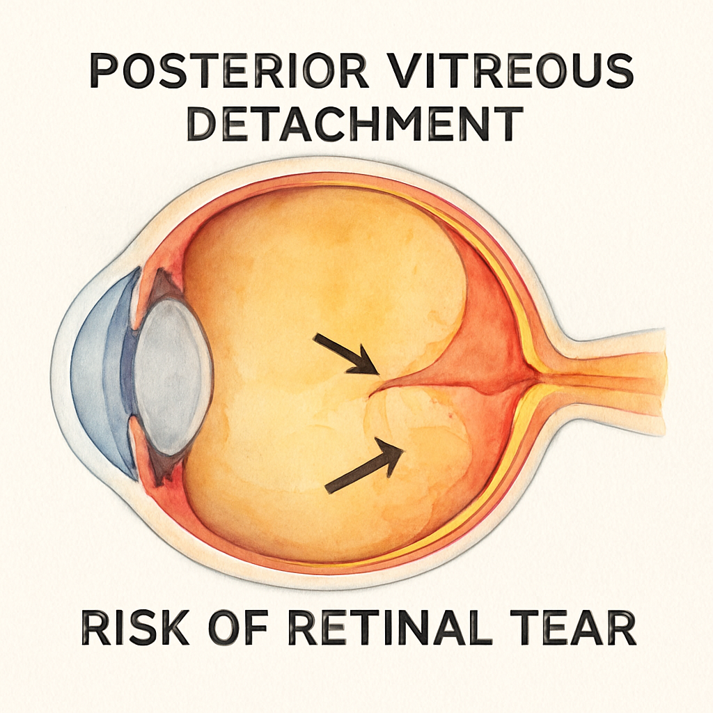 A cross‑section illustration of the eye showing the vitreous gel separating from the retina, with arrows indicating the pull that can cause a retinal tear. Alt: Posterior vitreous detachment anatomy and risk of retinal tear