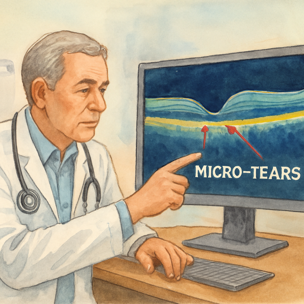 An ophthalmologist reviewing an OCT scan of a retina with highlighted micro‑tears, showing a clinical setting. Alt: Regulatory standards for retinal imaging and PVD monitoring