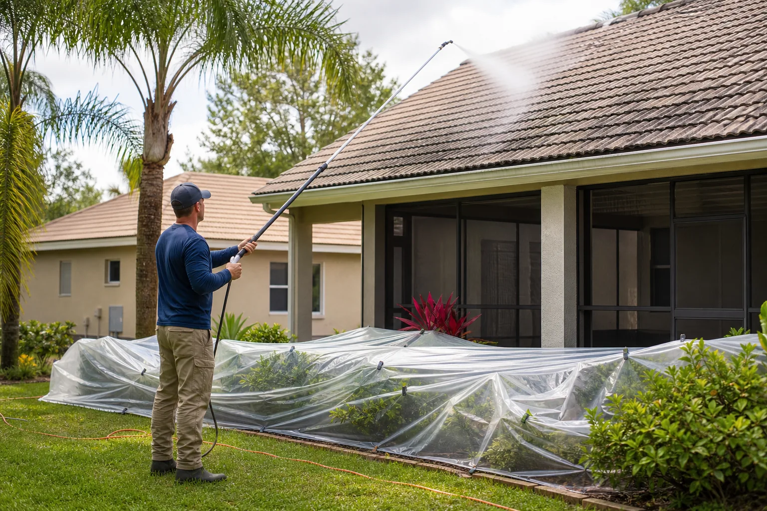 roof soft washing with plant protection in Central Florida