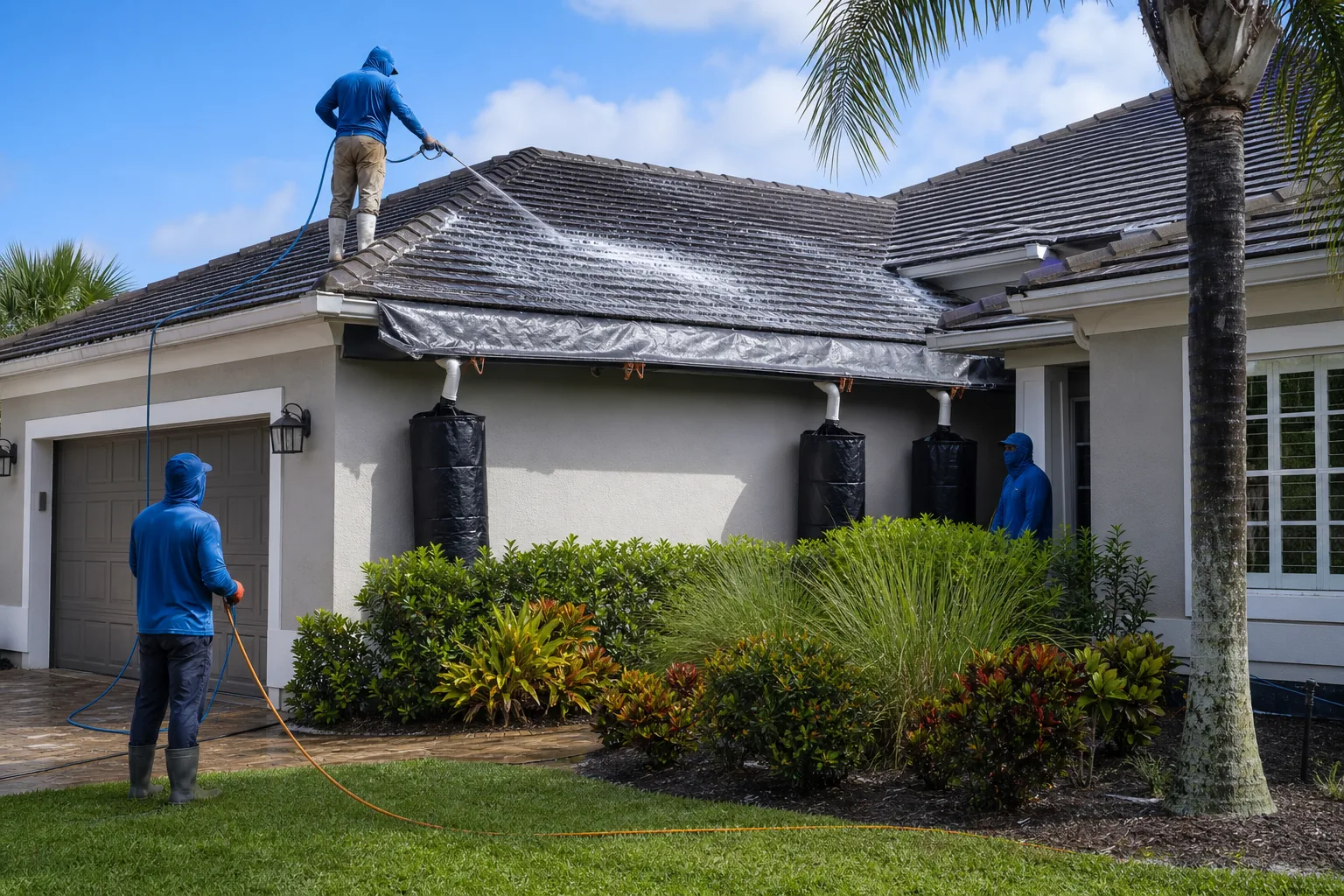 professional roof soft washing process with runoff control
