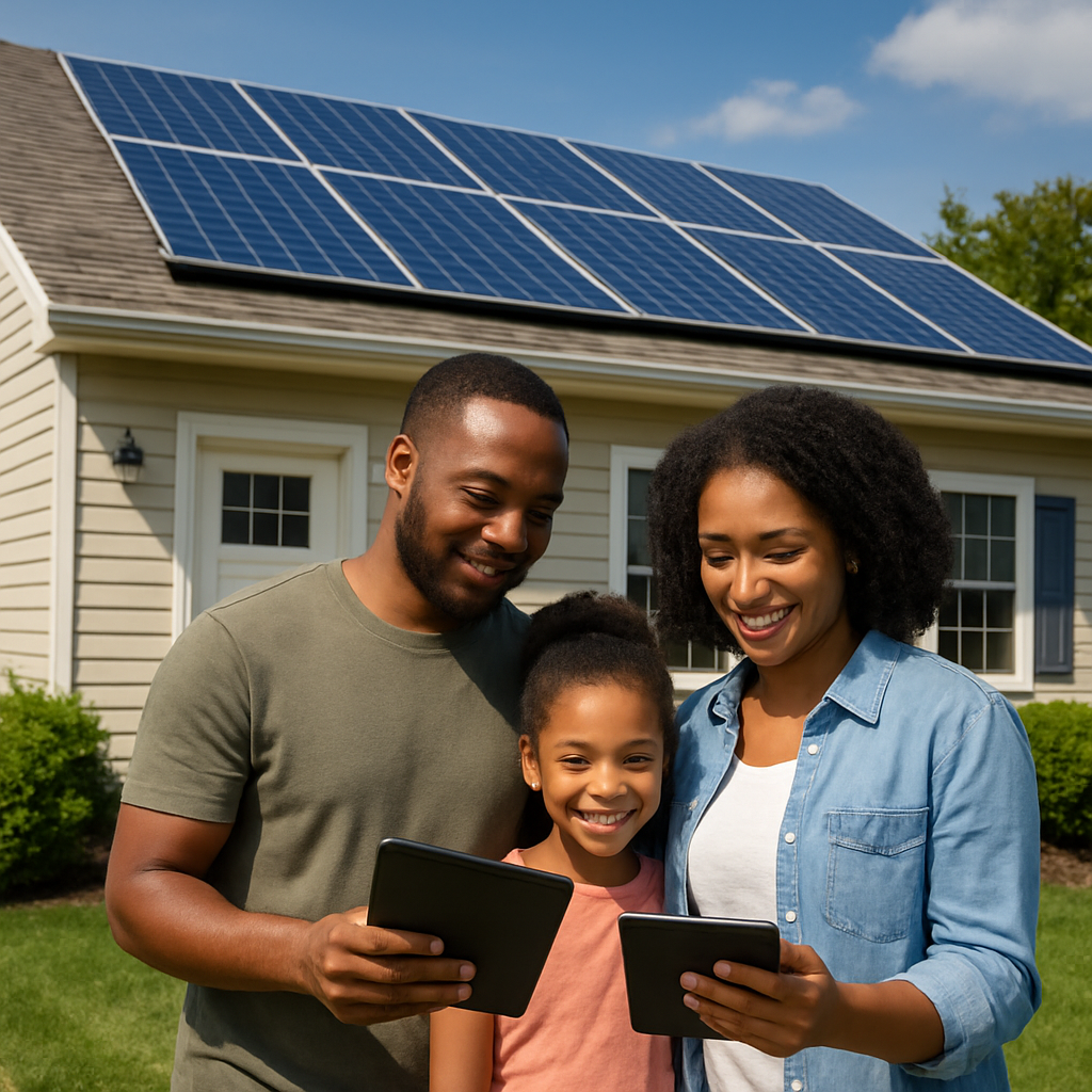 A sunny suburban home with rooftop solar panels and a family reviewing their monthly energy bill on a tablet. Alt: Understanding solar lease basics and monthly payment comparison