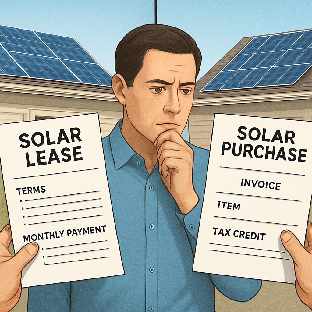 A split‑screen illustration showing a homeowner comparing a solar lease contract on one side and a purchase invoice with tax credit details on the other, highlighting key decision factors. Alt: Compare solar lease vs purchase options for homeowners.