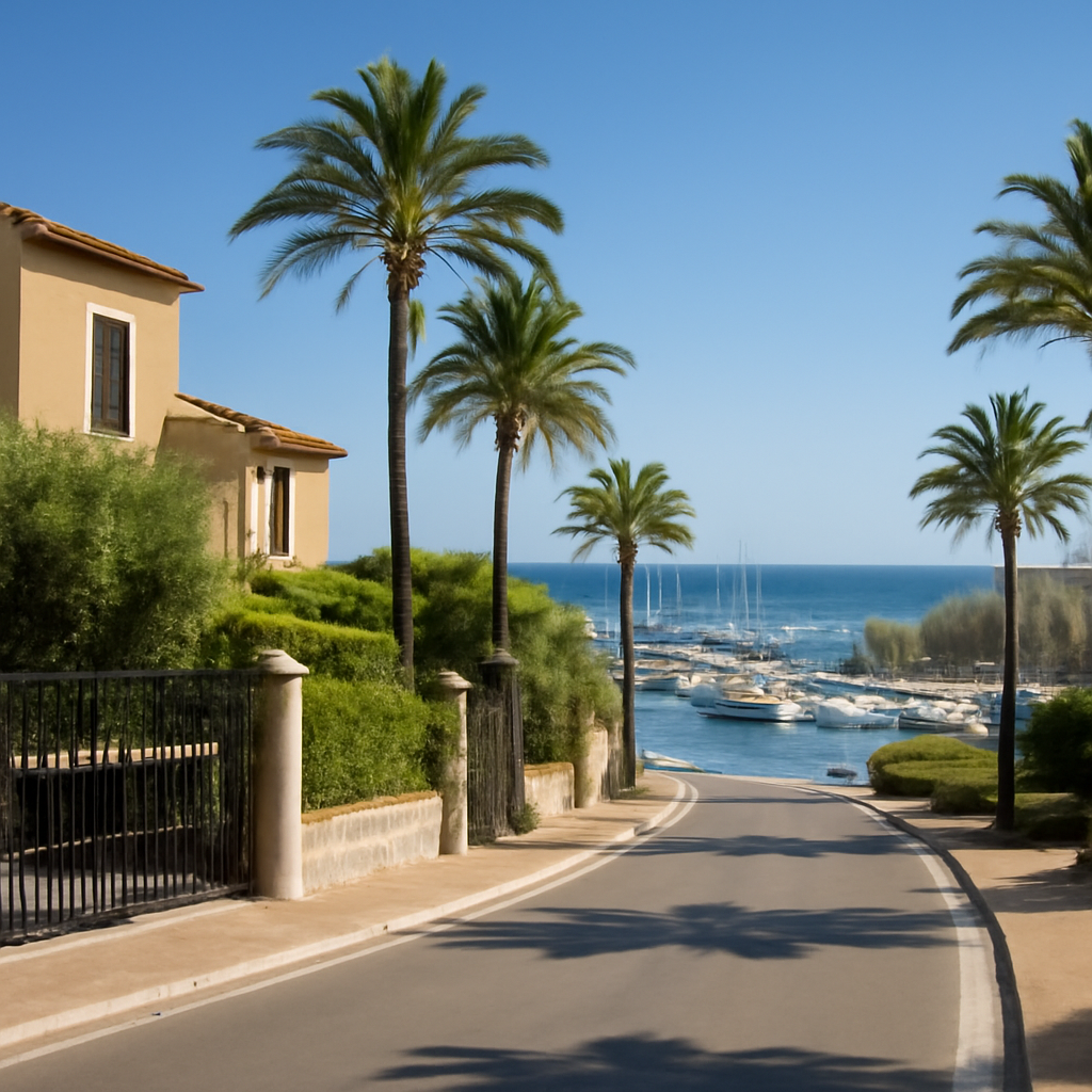 A sunny street in Sotogrande with a panoramic view of the Mediterranean, a gated community and a marina. Alt: Sotogrande street view with marina.