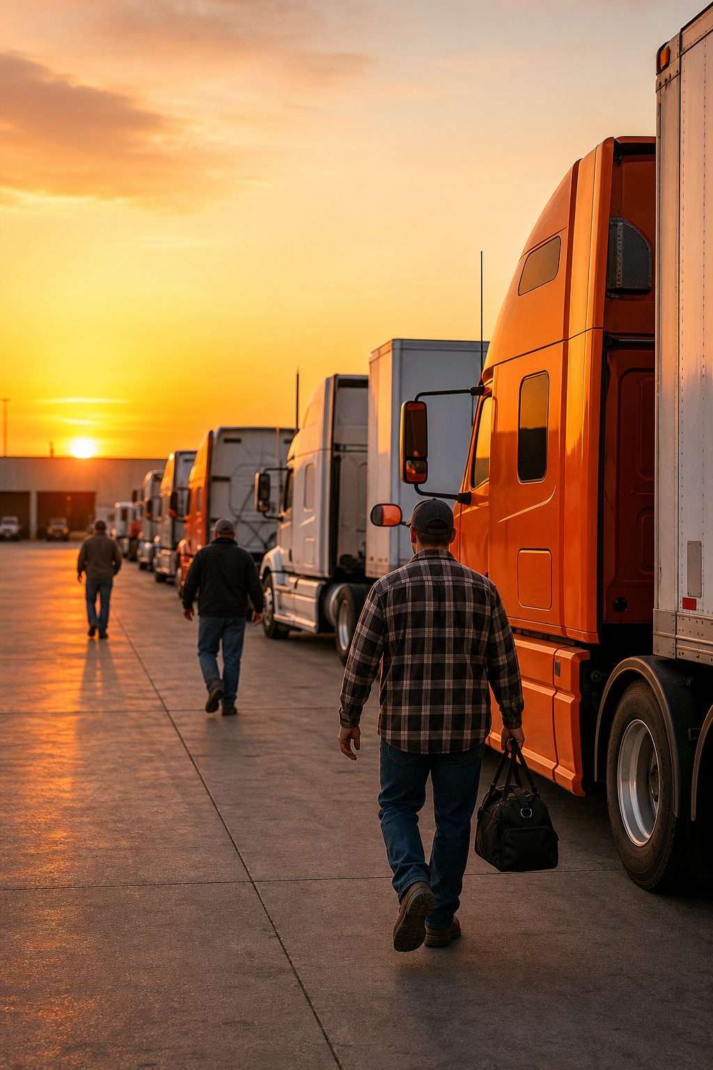 A photorealistic wide shot of a line of tractor-trailers parked at a busy freight terminal at golden hour, drivers walking toward their rigs, warm orange light. Alt: high demand for truck drivers at a busy freight terminal showing strong job stability.