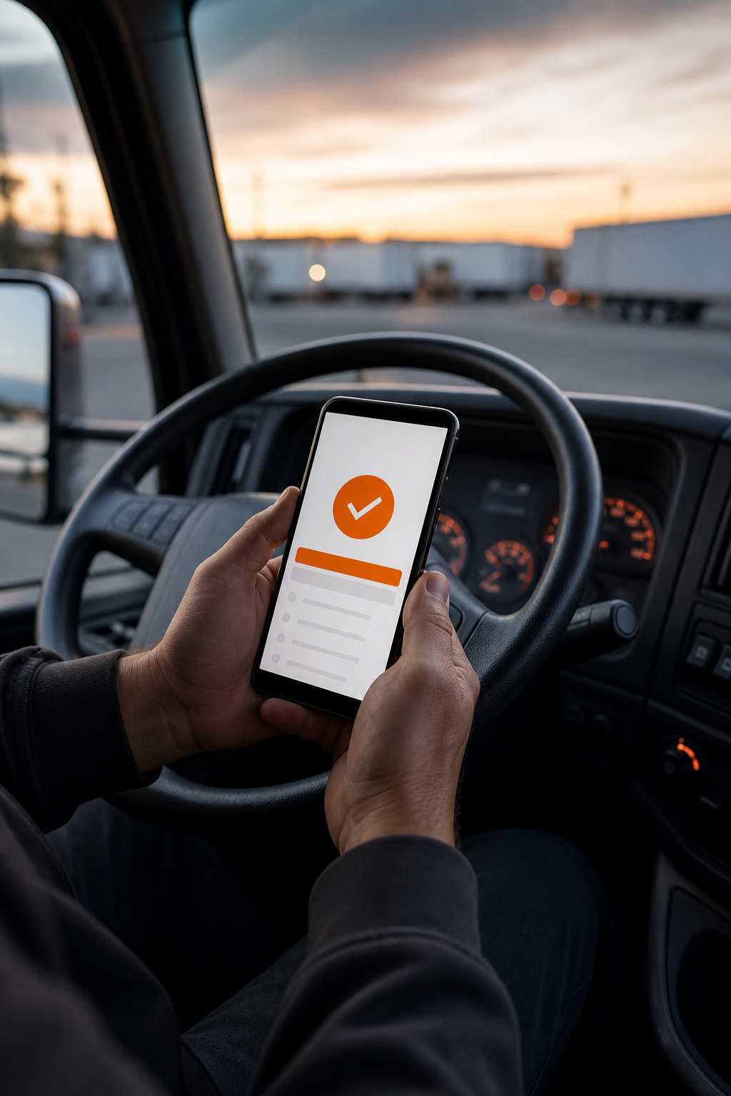 A photorealistic close-up of a truck driver's hands holding a smartphone showing a banking app with a direct deposit confirmation, inside a clean truck cab at dusk. Alt: truck driver checking weekly direct deposit pay reflecting long-term earning potential.