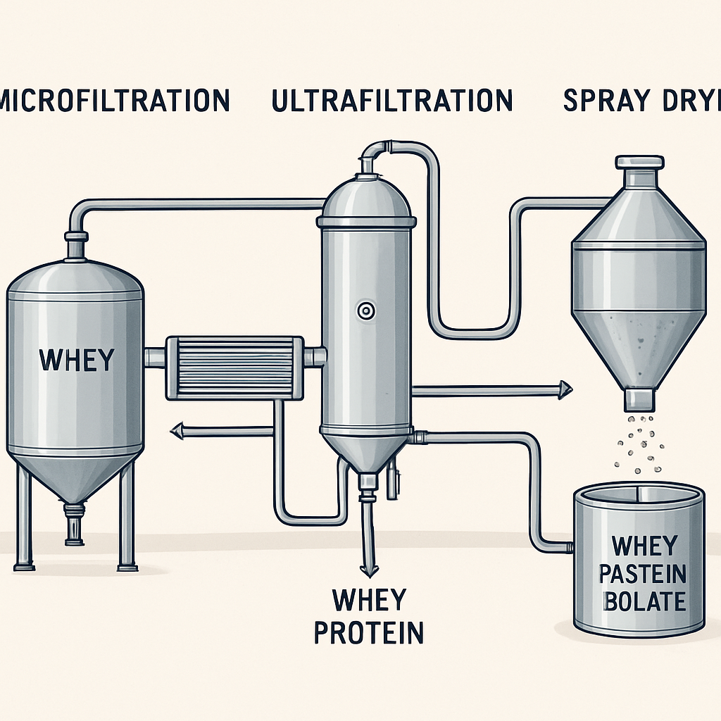A high‑resolution illustration of a dairy processing plant showing microfiltration, ultrafiltration, and spray drying of whey protein isolate. Alt: whey isolate production process diagram