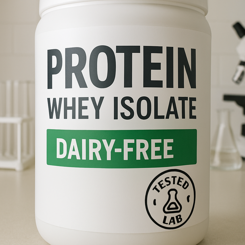 A close‑up of a protein powder label highlighting “dairy‑free” badge and a clean lab environment. Alt: dairy‑free whey isolate label and testing badge.