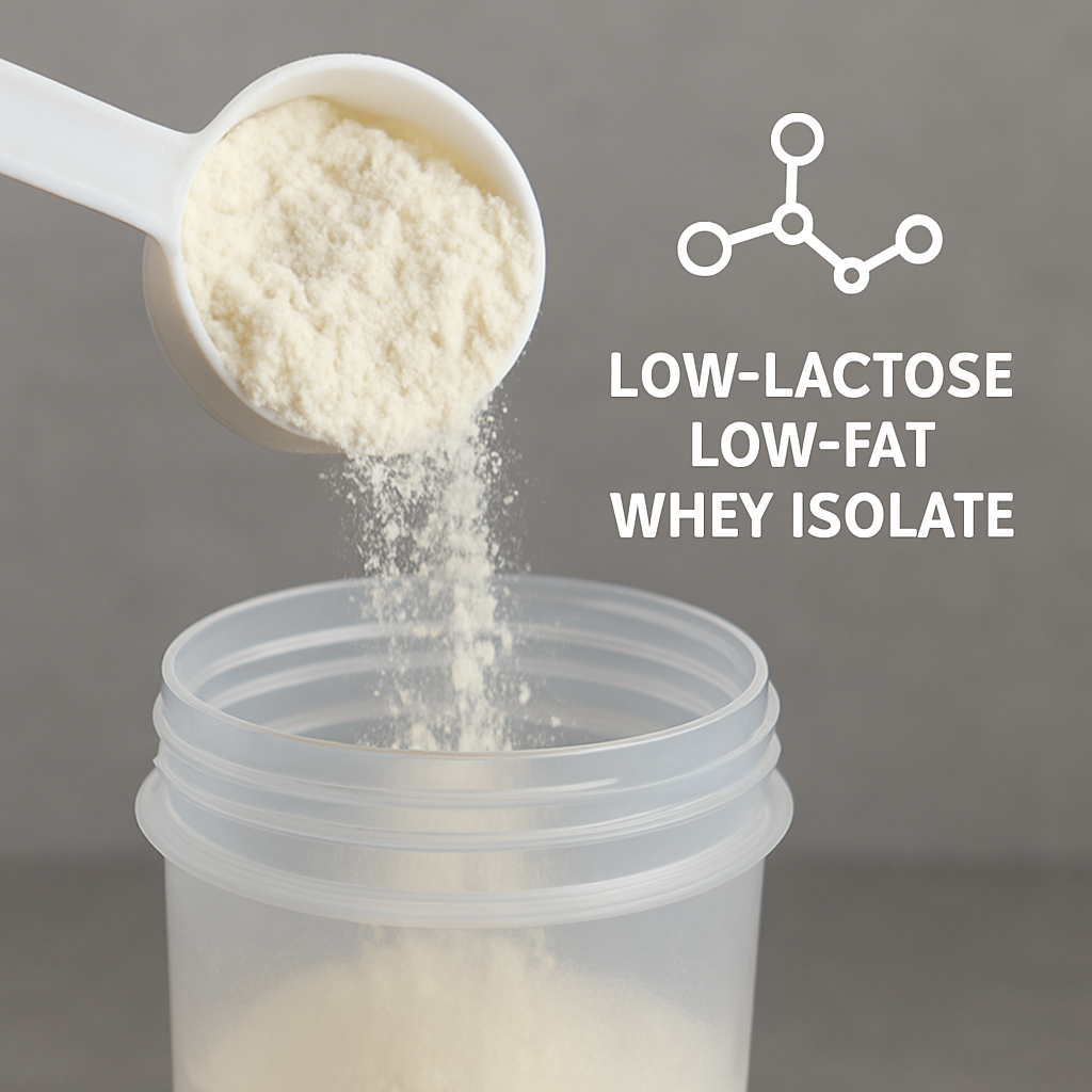 A close‑up of a whey isolate powder being poured into a shaker bottle, with a tiny lactose molecule illustration hovering above, emphasizing low lactose and low fat. Alt: Low‑lactose, low‑fat whey isolate for easy digestion.
