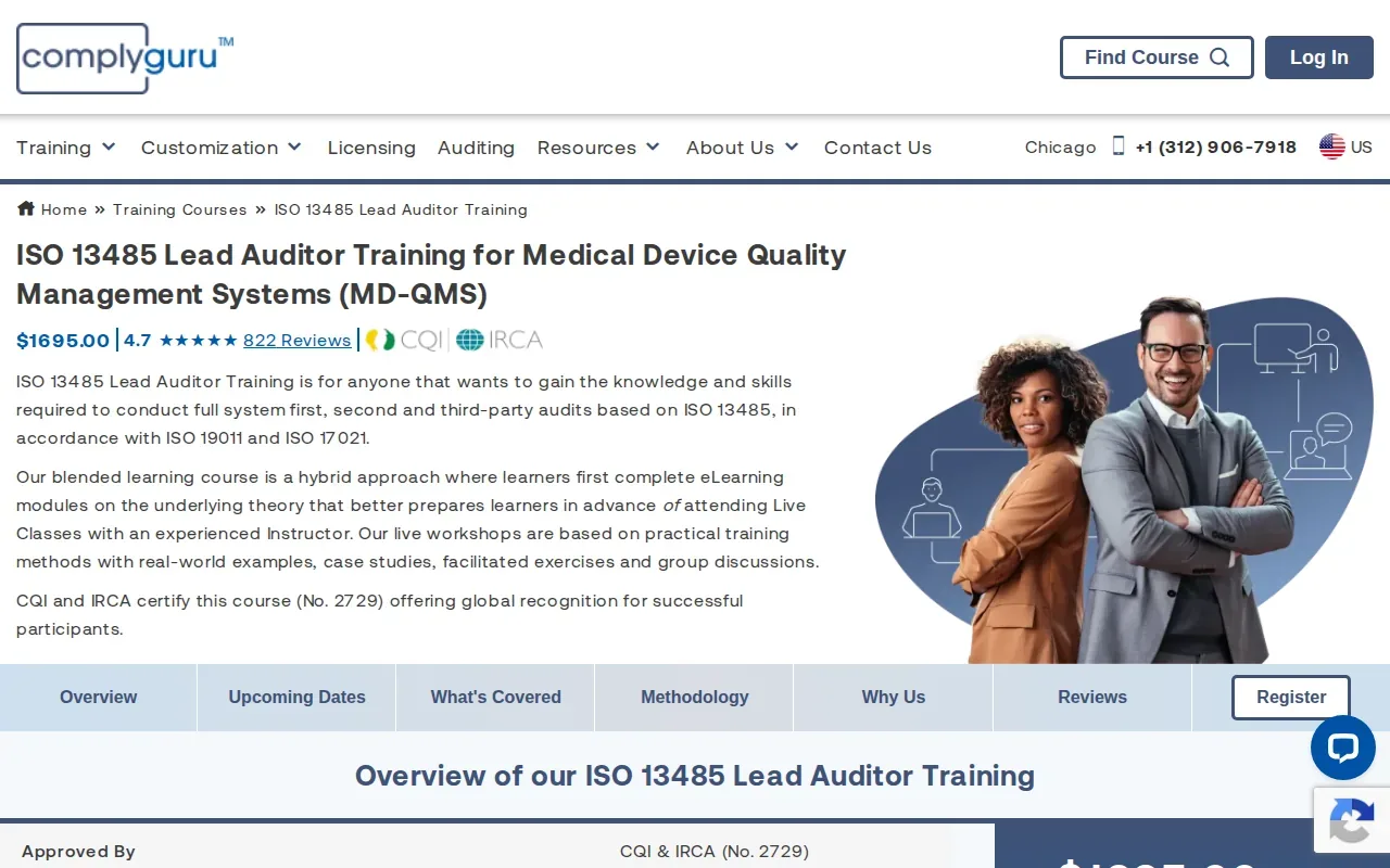 Screenshot of the ISO 13485 Lead Auditor Training by Comply Guru website