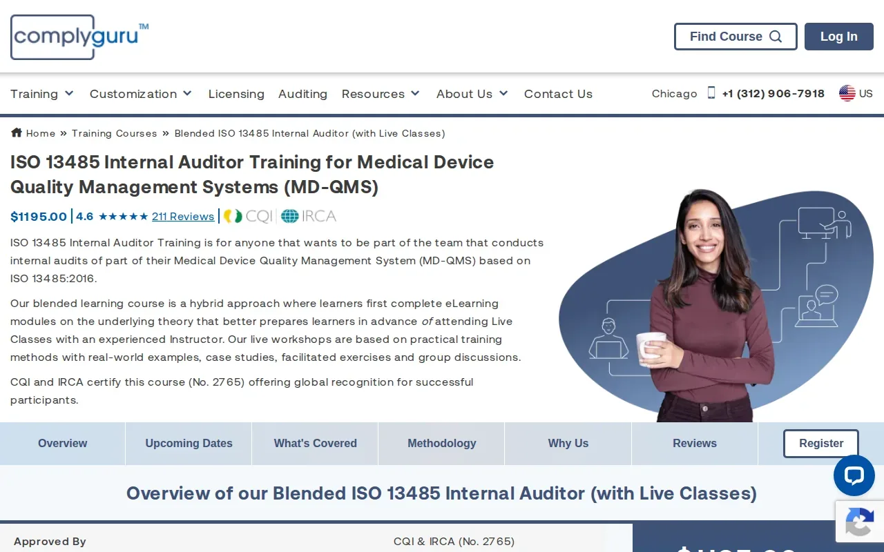 Screenshot of the Blended ISO 13485 Internal Auditor (with Live Classes) by Comply Guru website