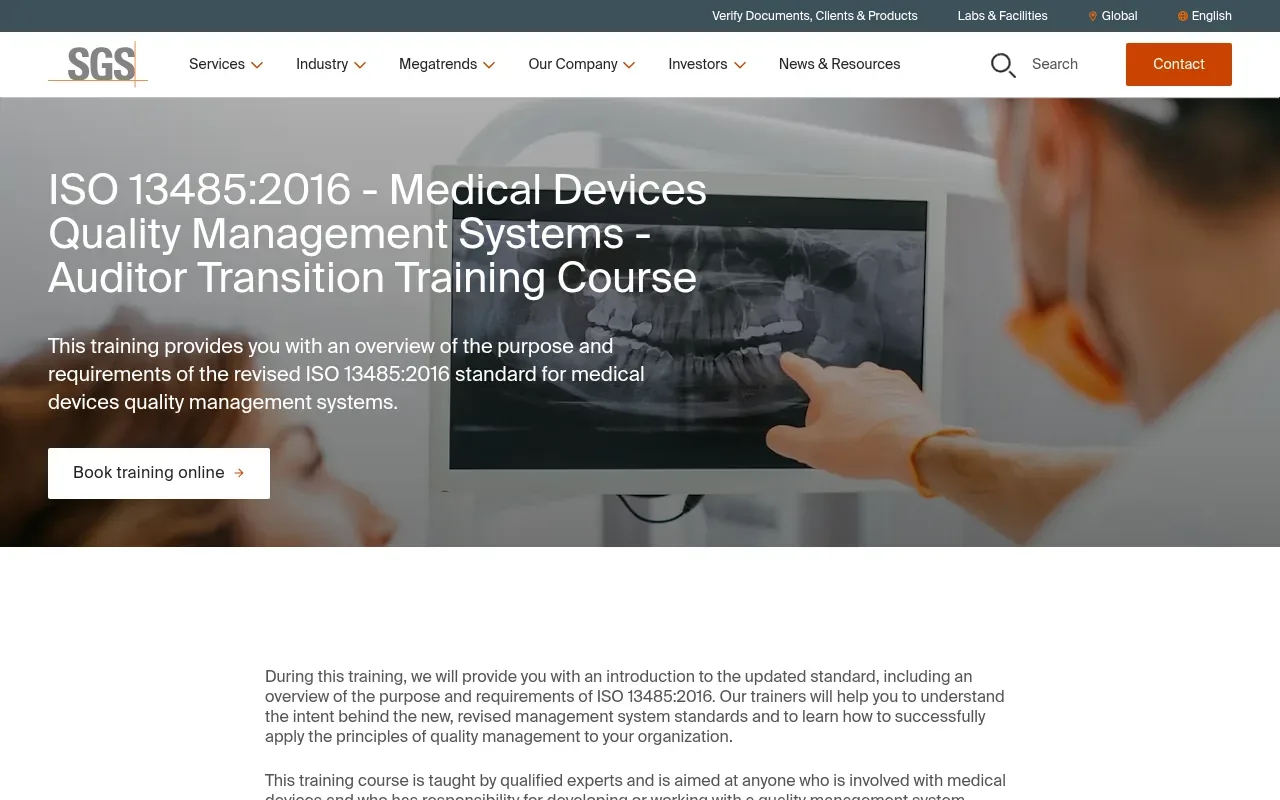 Screenshot of the SGS ISO 13485 internal auditor course page