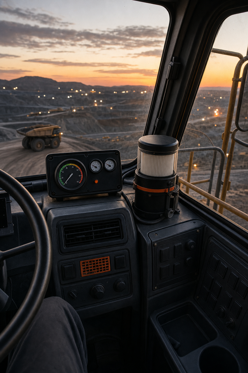 A photorealistic image of a large mining haul truck cab interior showing pressure monitoring gauges and air filtration equipment installed on the dashboard, with a dusty open-pit mine visible through the windshield at dusk. Alt: ISO 23875 compliant cab pressure monitoring system inside a heavy mining haul truck.