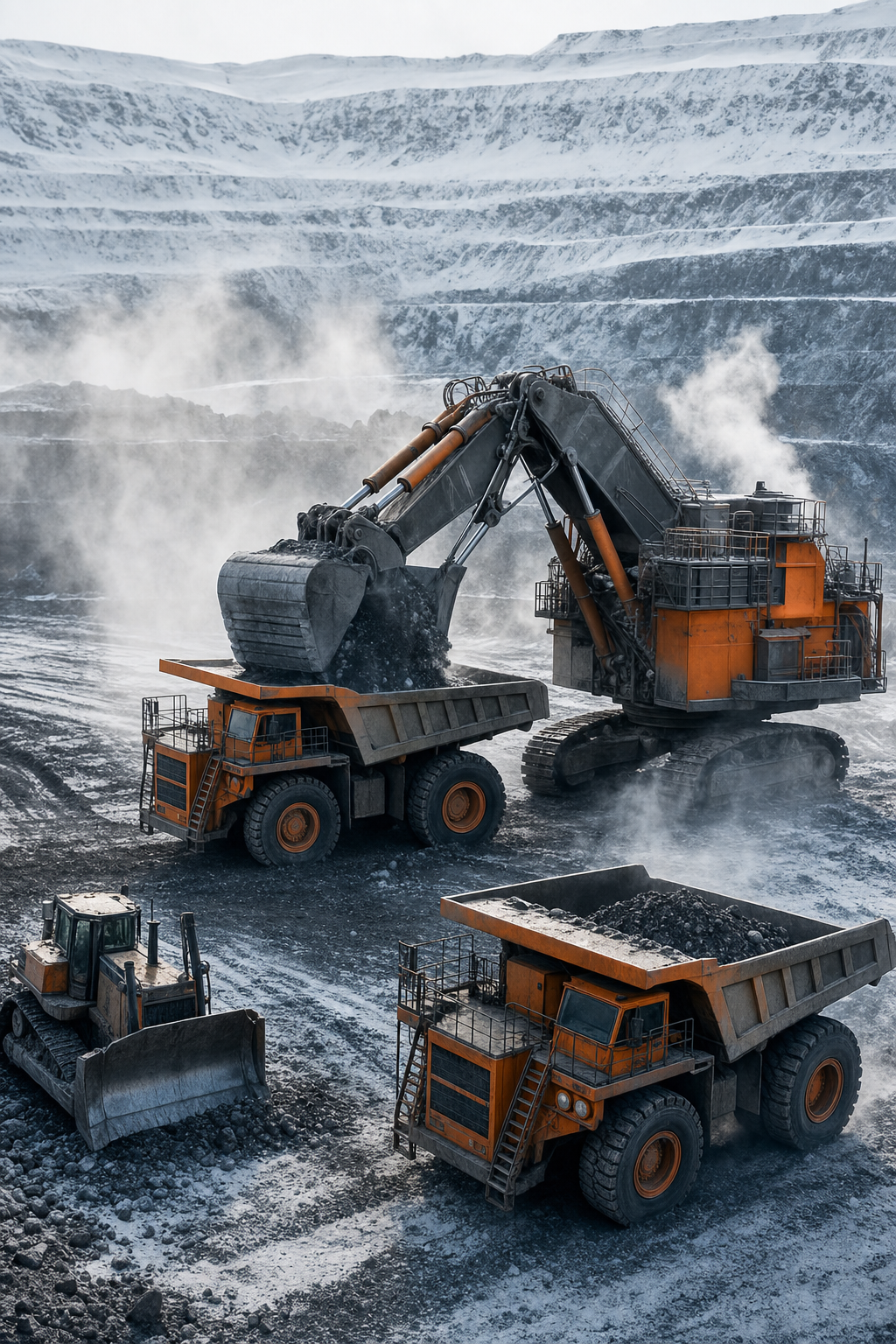 A wide-angle photorealistic scene of heavy construction and mining equipment operating in a snow-covered open-pit mine during winter, with visible exhaust and dust particulates in freezing cold air, emphasizing extreme cold environmental conditions. Alt: Heavy mining equipment operating in extreme cold conditions requiring ISO 23875 compliant HVAC and air filtration systems.