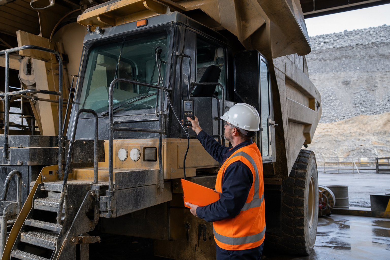 technician measuring ISO 23875 operator cabin CO2 and pressure during a mining equipment baseline test.