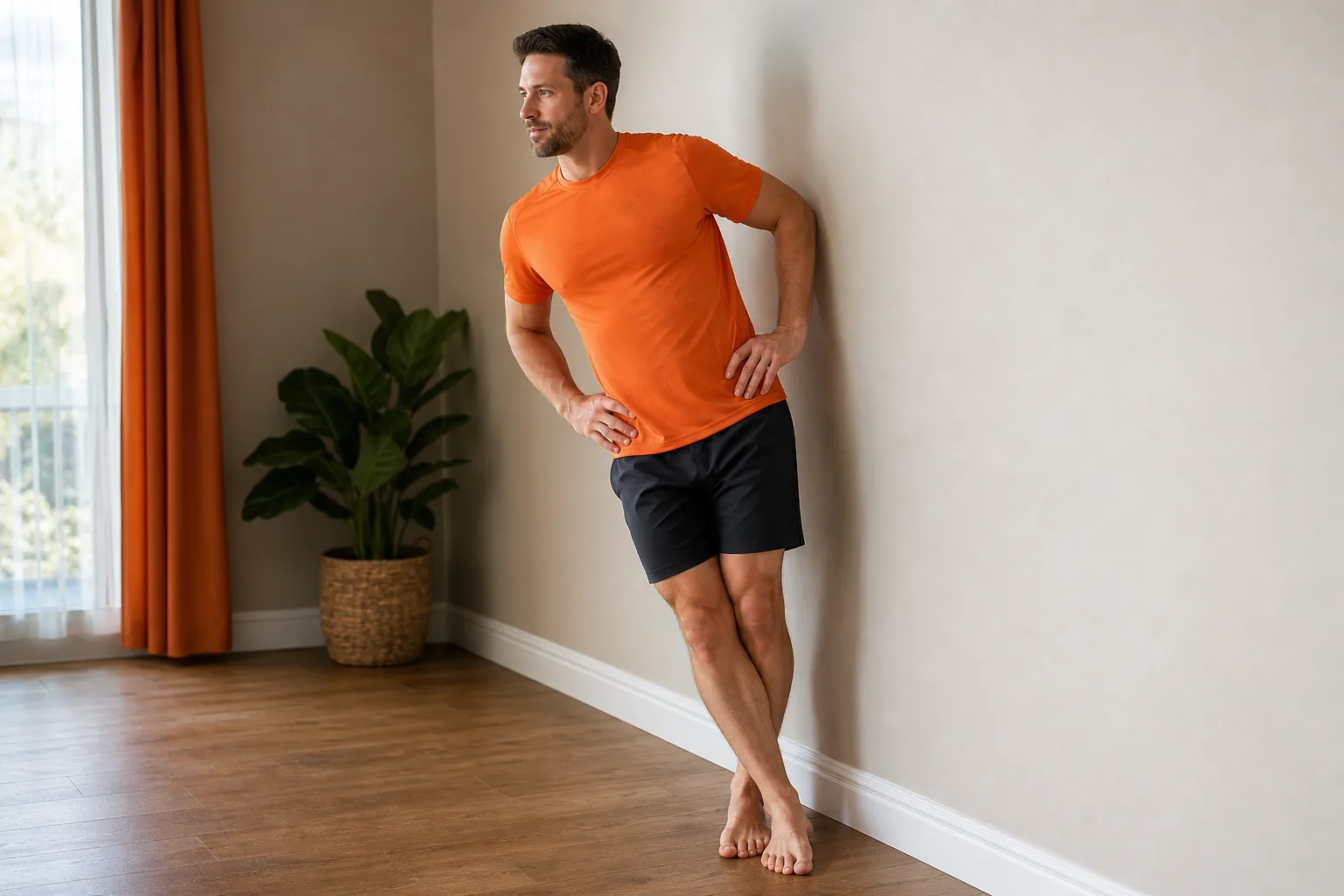 Standing IT band stretch by a wall with feet flat and hips moving towards the wall.