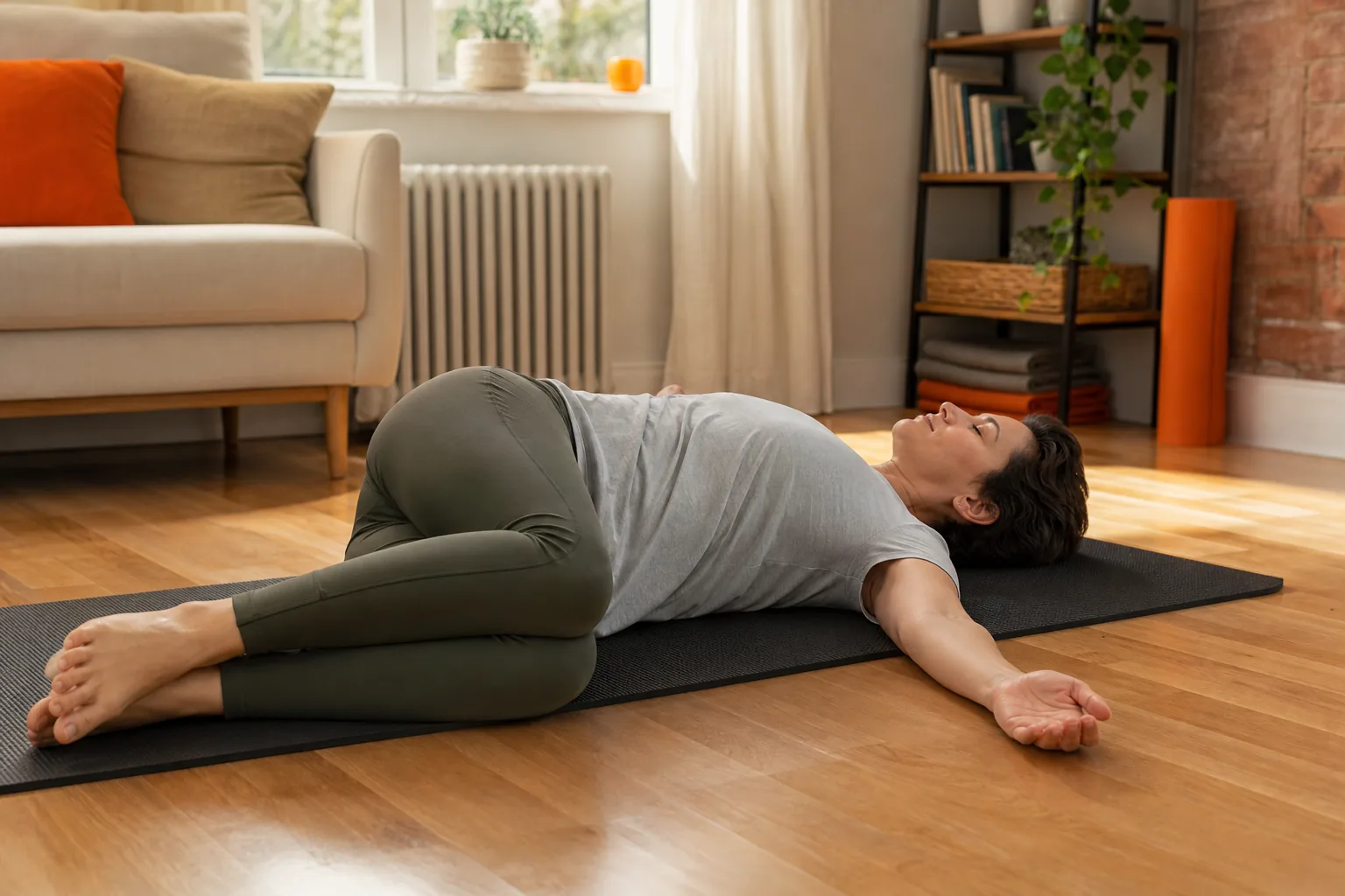 Floor-based supine crossover stretch with shoulders kept flat on the mat.