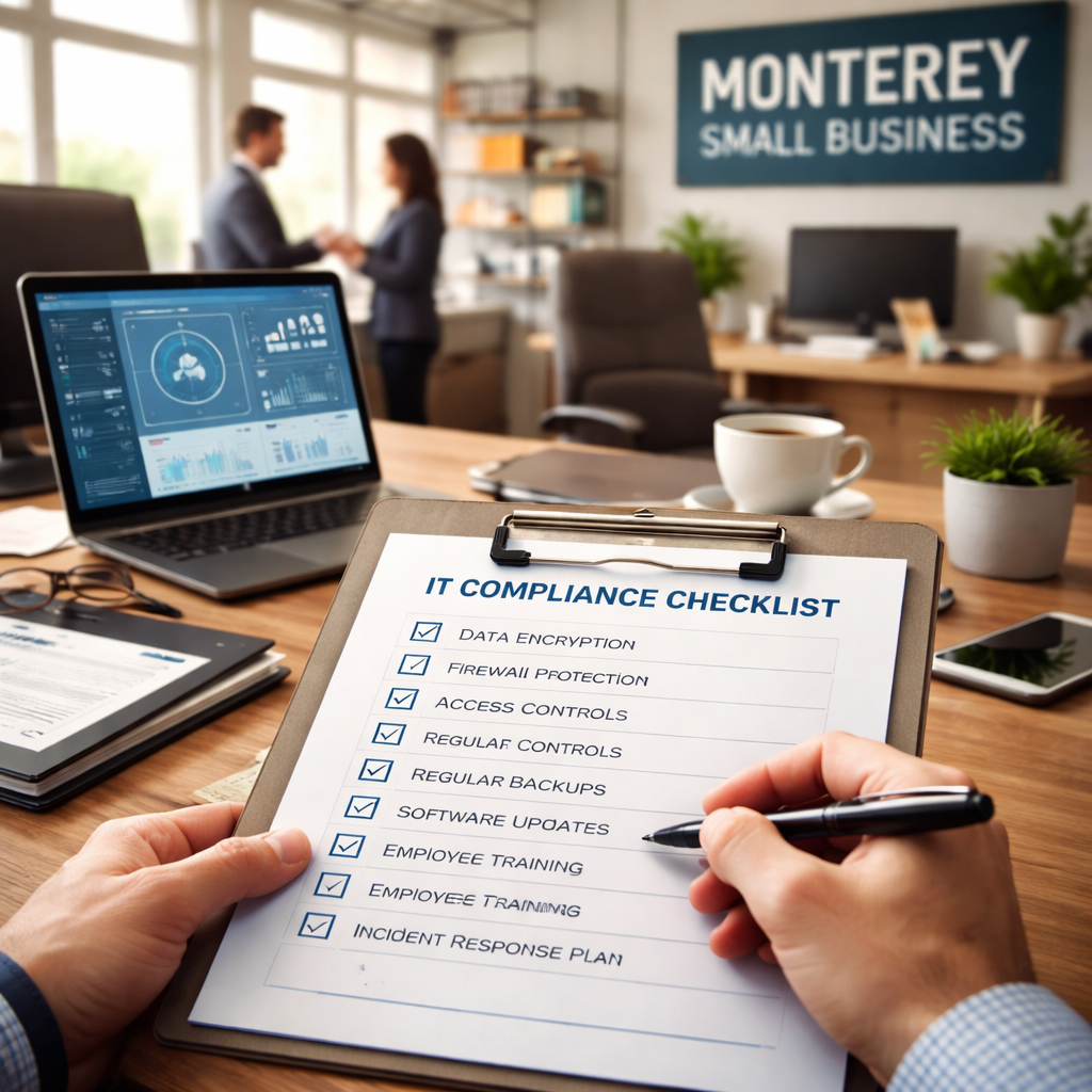 A realistic office scene showing a small business owner reviewing a risk matrix on a laptop, with icons for servers, cloud, and fire, Alt: risk assessment for Monterey SMBs