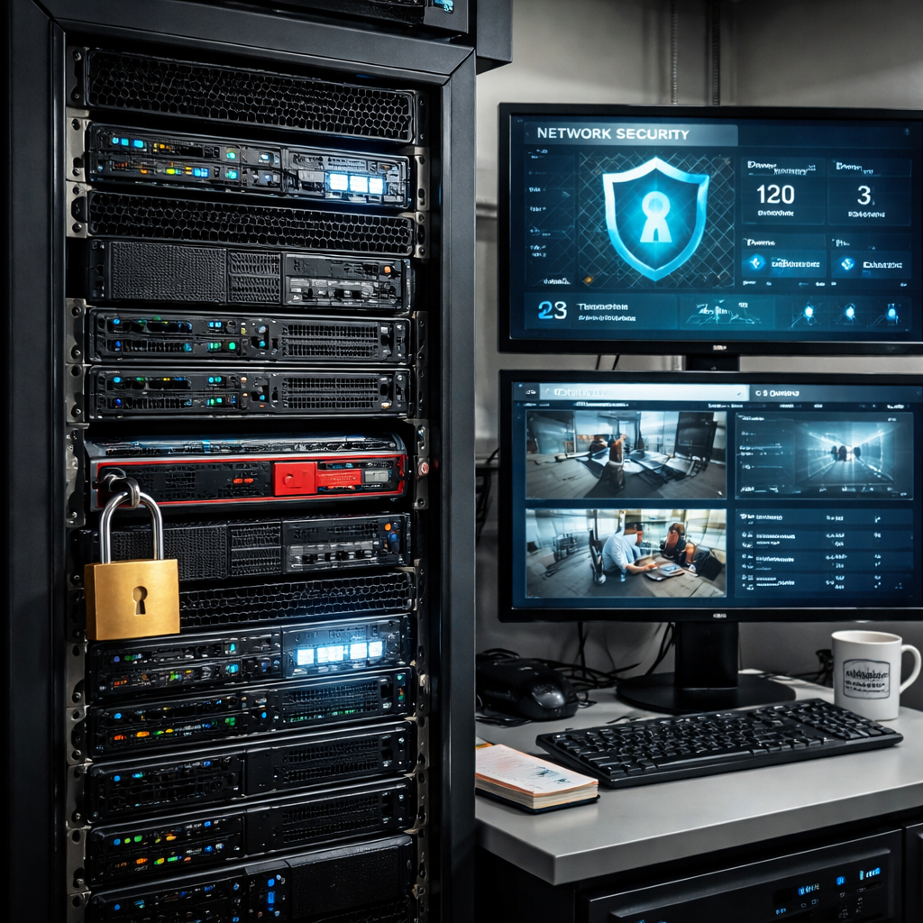 A realistic image of a technician monitoring dashboards on multiple screens in a small office, Alt: continuous monitoring for Monterey SMBs