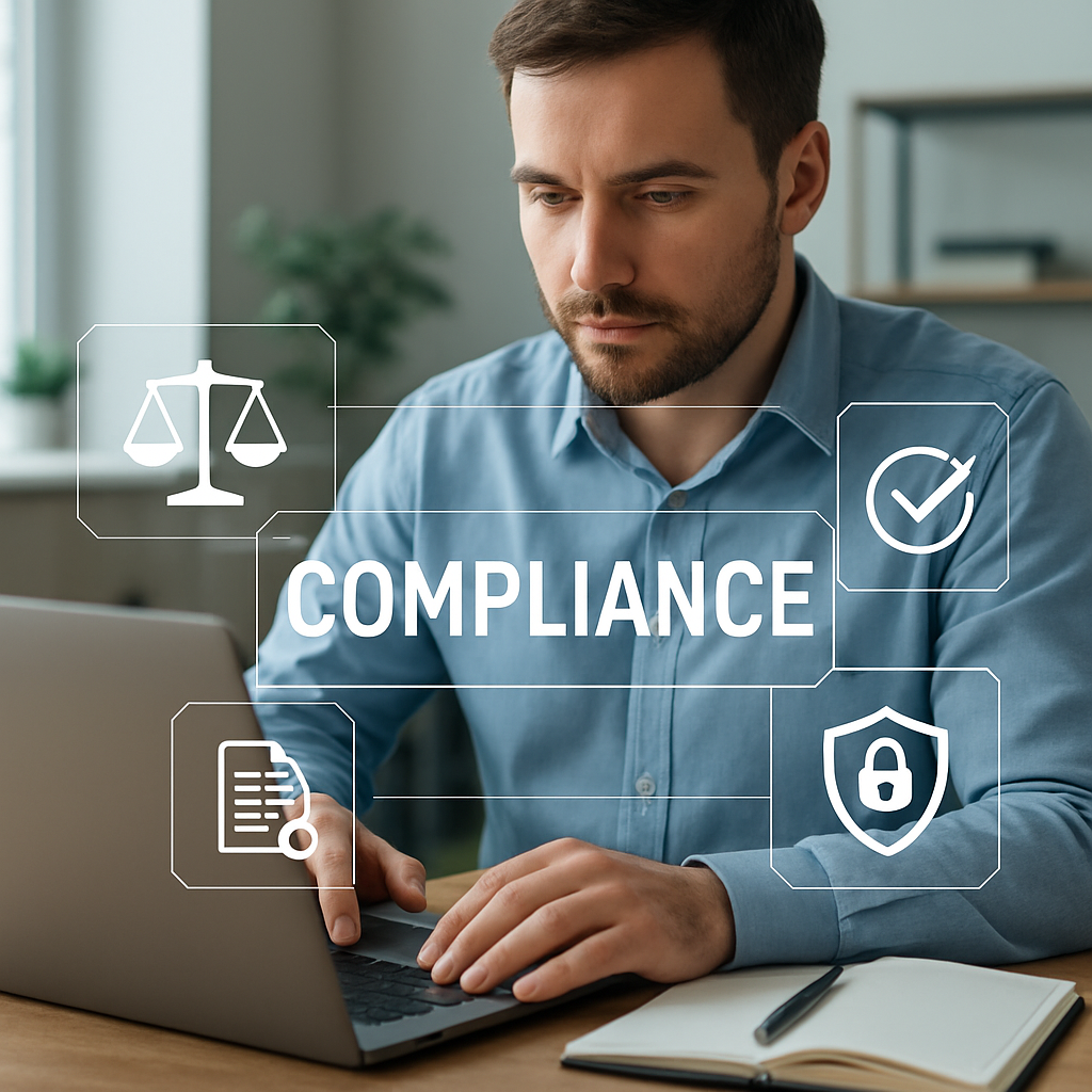A realistic photo of a small business owner at a desk reviewing compliance documentation on a laptop, with a digital overlay of compliance icons and a calm office environment in a modern office setting.