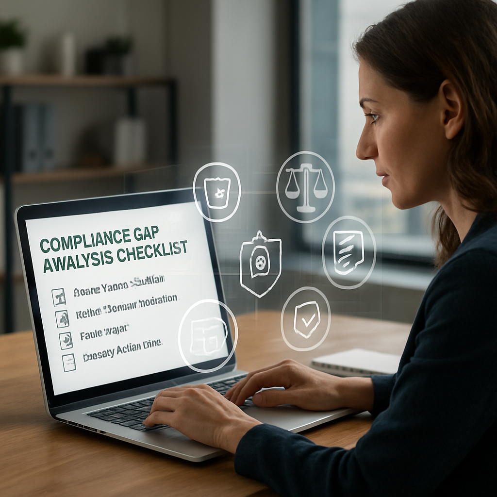 A photorealistic scene of a small business owner at a desk, reviewing a compliance checklist on a laptop with a digital overlay of compliance icons, in a modern office setting. Alt: Compliance gap analysis checklist on laptop.