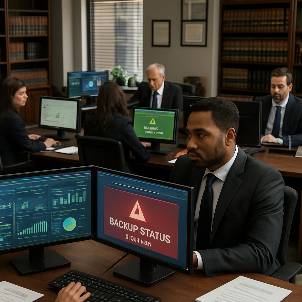 A bustling law office with multiple screens displaying dashboards and backup status alerts. Alt: IT infrastructure audit in a law firm.
