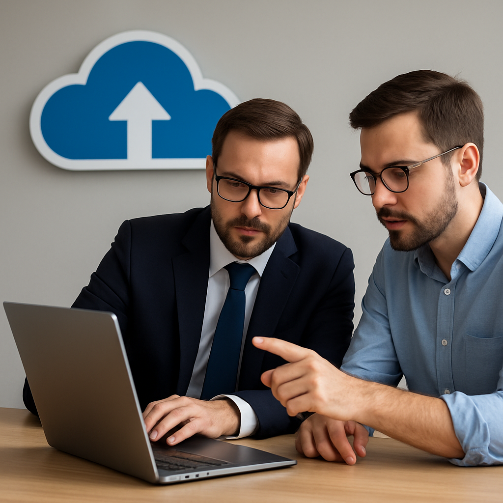 A lawyer and IT specialist reviewing cloud migration strategy on a laptop, with a cloud icon in the background. Alt: Cloud migration discussion