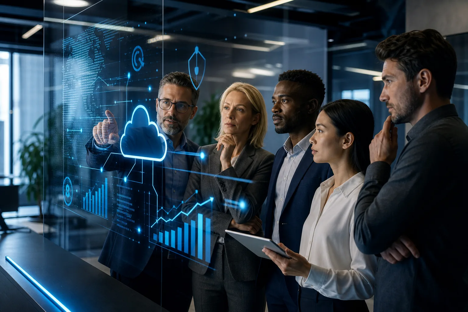 business leaders planning IT consulting services for growth, cloud, cybersecurity, and AI
