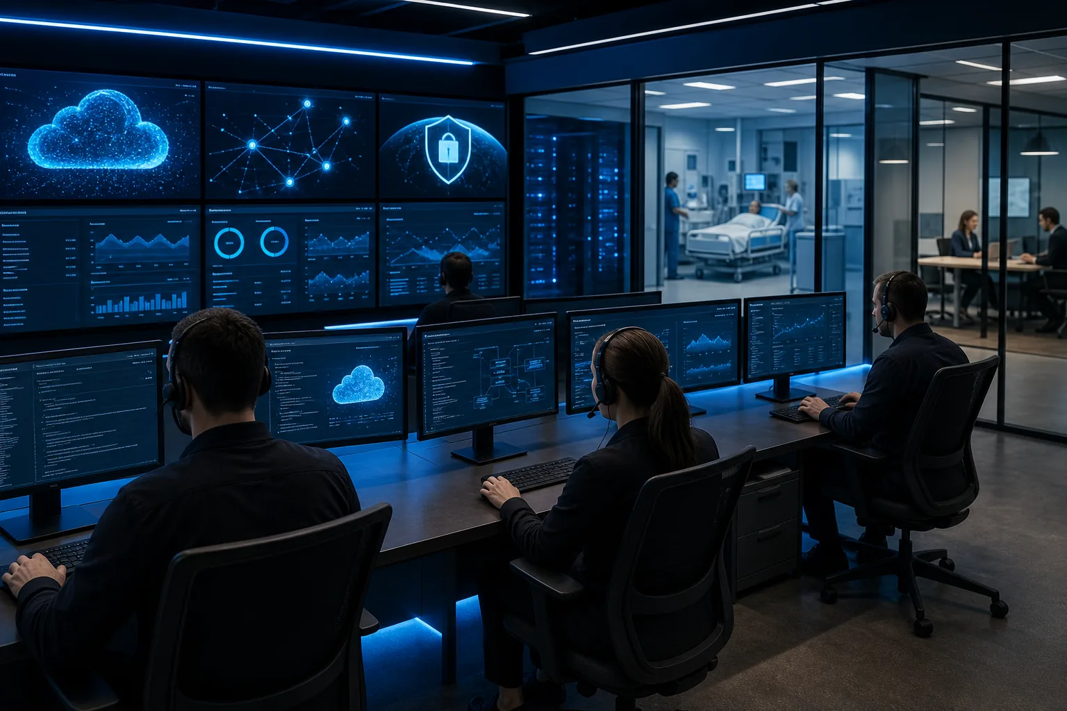 managed IT services team monitoring cybersecurity, cloud systems, backups, and AI workflows
