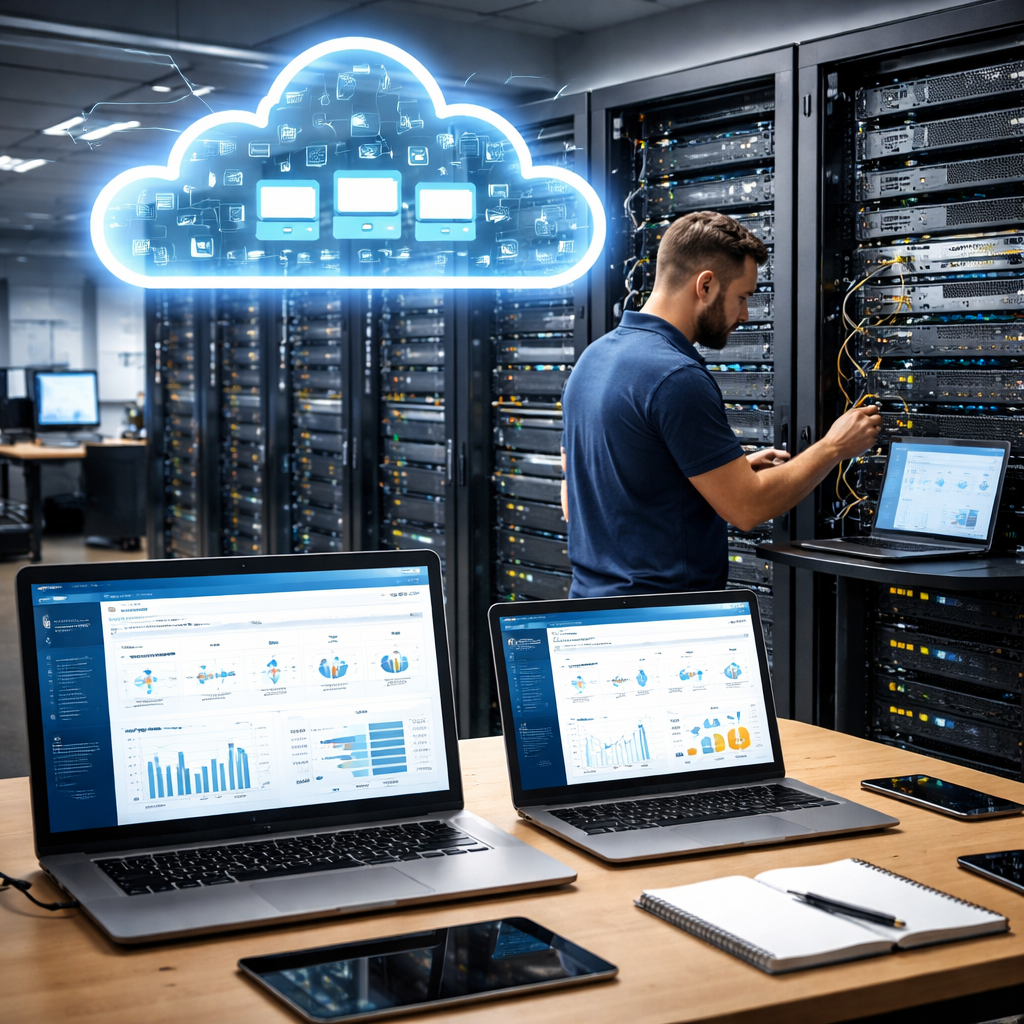 A realistic office scene showing a technician checking a server rack, laptops on a desk, and a cloud icon above, representing an inventory of critical IT assets. Alt: inventory of critical systems and data for SMB disaster recovery