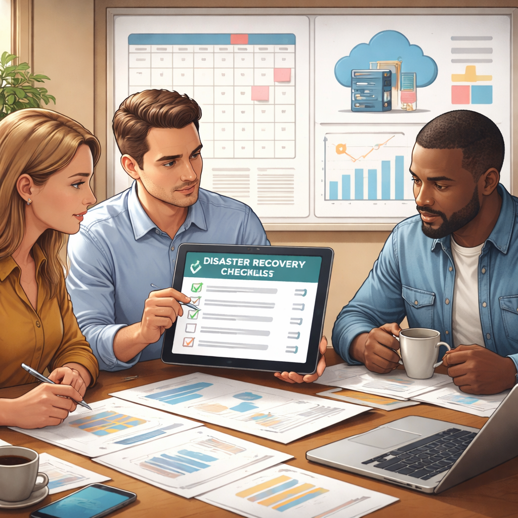 A realistic illustration of a team reviewing a disaster recovery checklist on a tablet, with charts, a calendar, and a cloud backup icon. Alt: ongoing management and continuous improvement for SMB disaster recovery