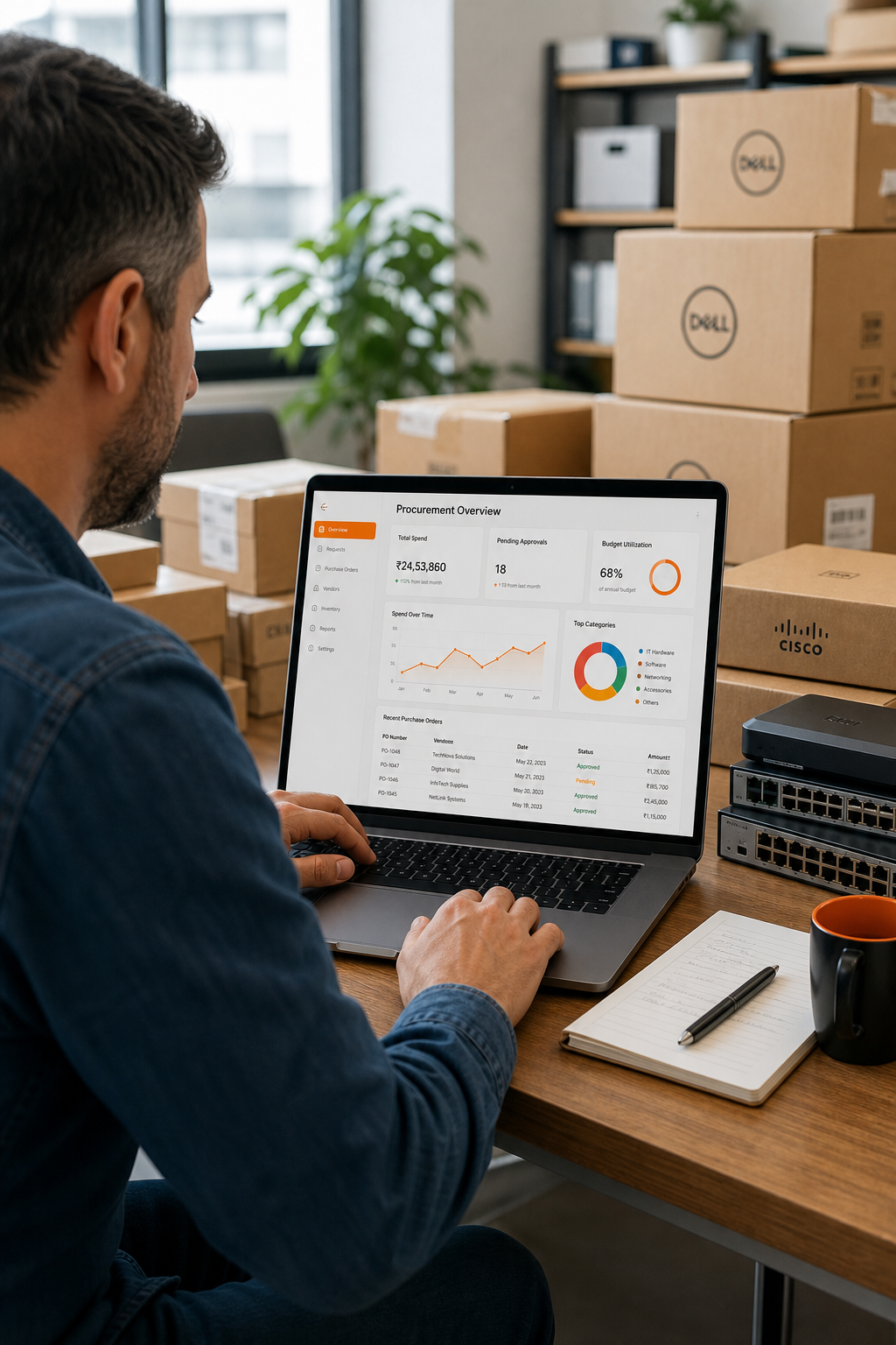 A realistic photo of a small business owner using a laptop with procurement dashboard on screen, surrounded by boxes of IT equipment in a bright office. Alt: Small business owner reviewing automated procurement dashboard for IT hardware.