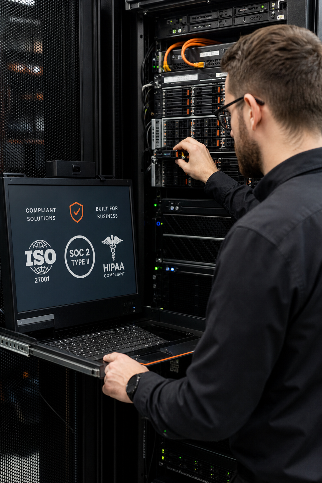 A realistic photo of a server room with a technician checking equipment, with compliance certification logos visible on a monitor. Alt: IT technician managing compliance-ready hardware procurement in a data center for small business.
