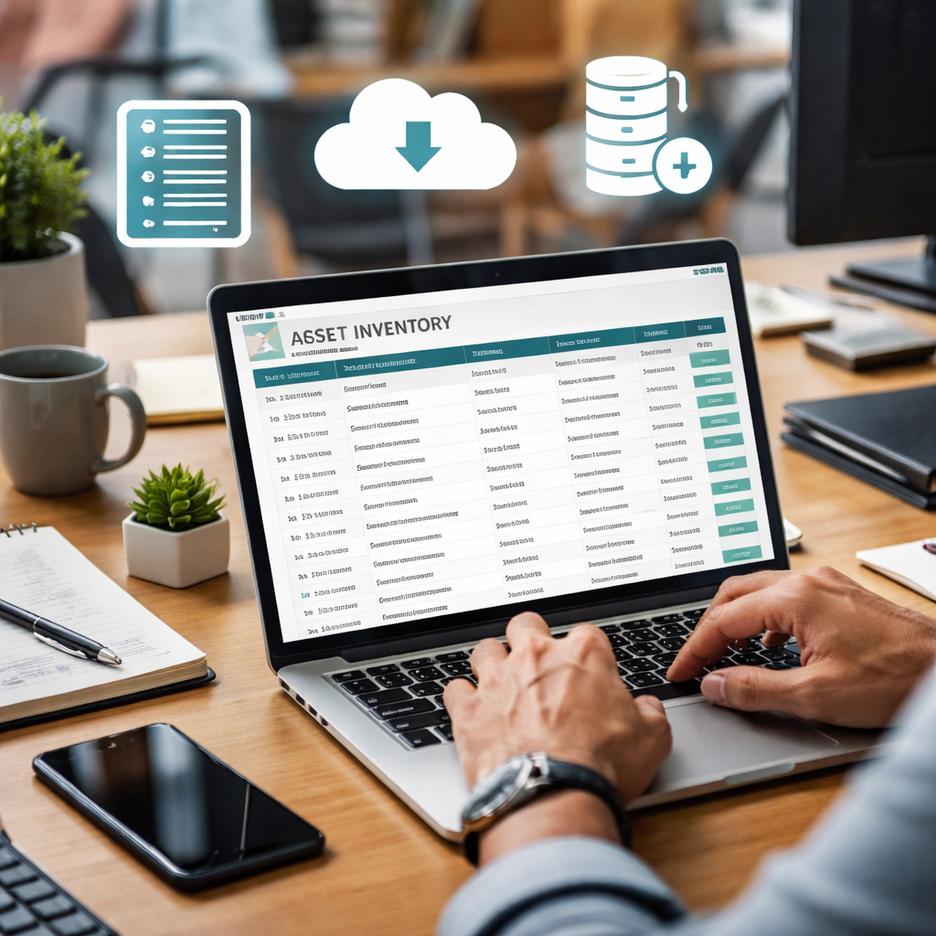 A realistic office scene showing a team member entering asset details into a spreadsheet on a laptop, with icons for servers, cloud, and data, Alt: IT risk assessment questionnaire Monterey asset inventory