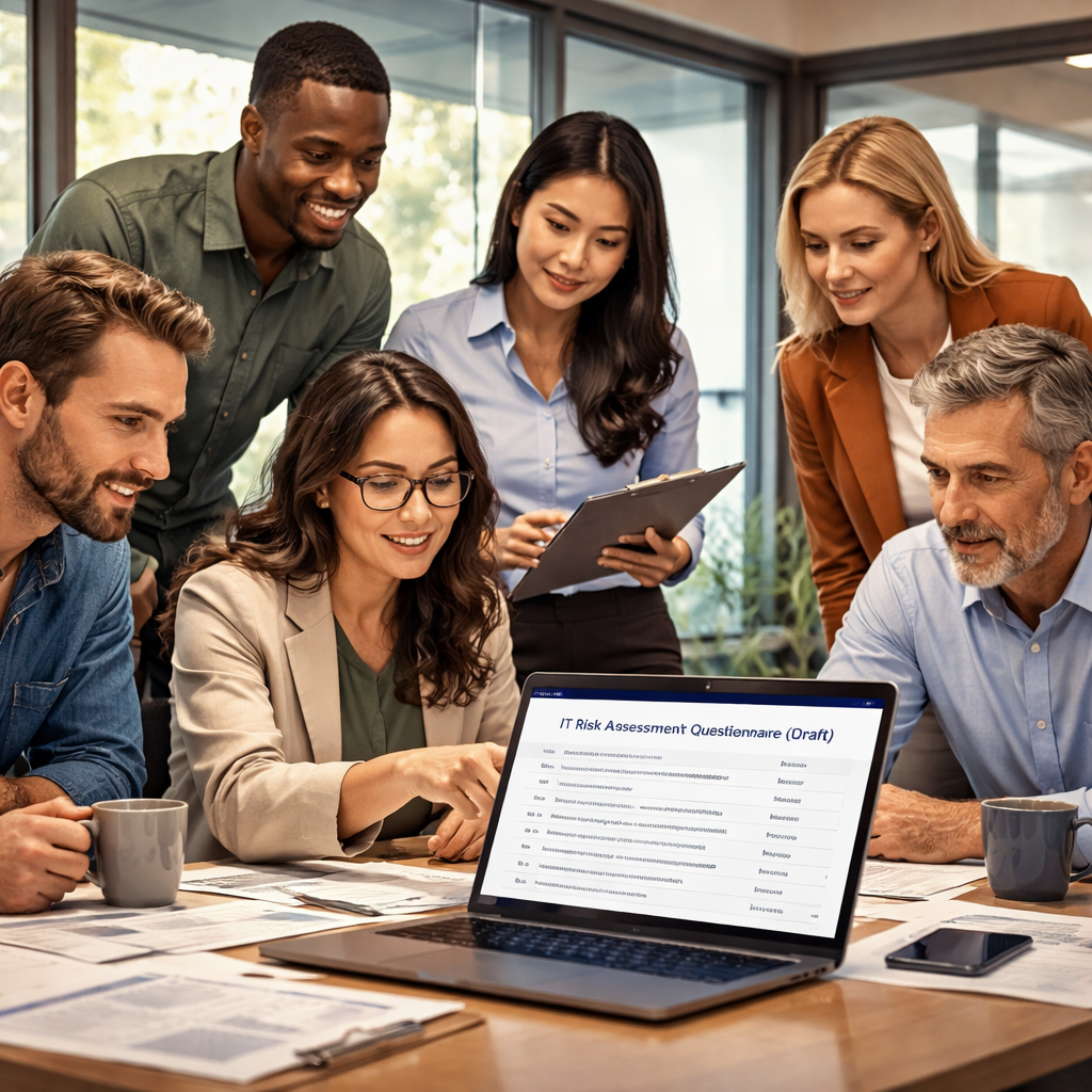 A realistic illustration of a team gathered around a laptop reviewing a questionnaire draft, Alt: IT risk assessment questionnaire Monterey stakeholder review