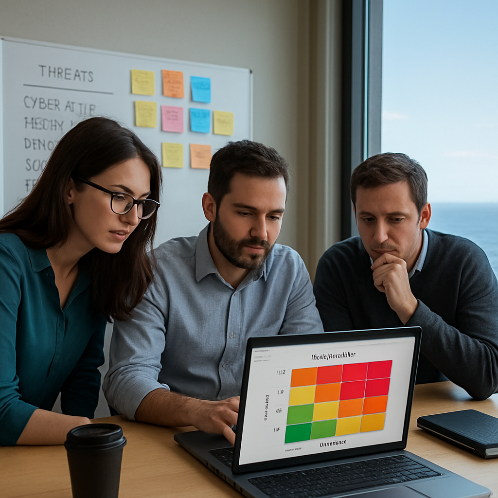 A photorealistic office scene in Salinas/Monterey area showing a small business IT team around a laptop reviewing a risk matrix on-screen, sticky notes, a whiteboard with threat categories, and a coast-hugging window view. Alt: IT risk assessment services in a Monterey-area SMB office.