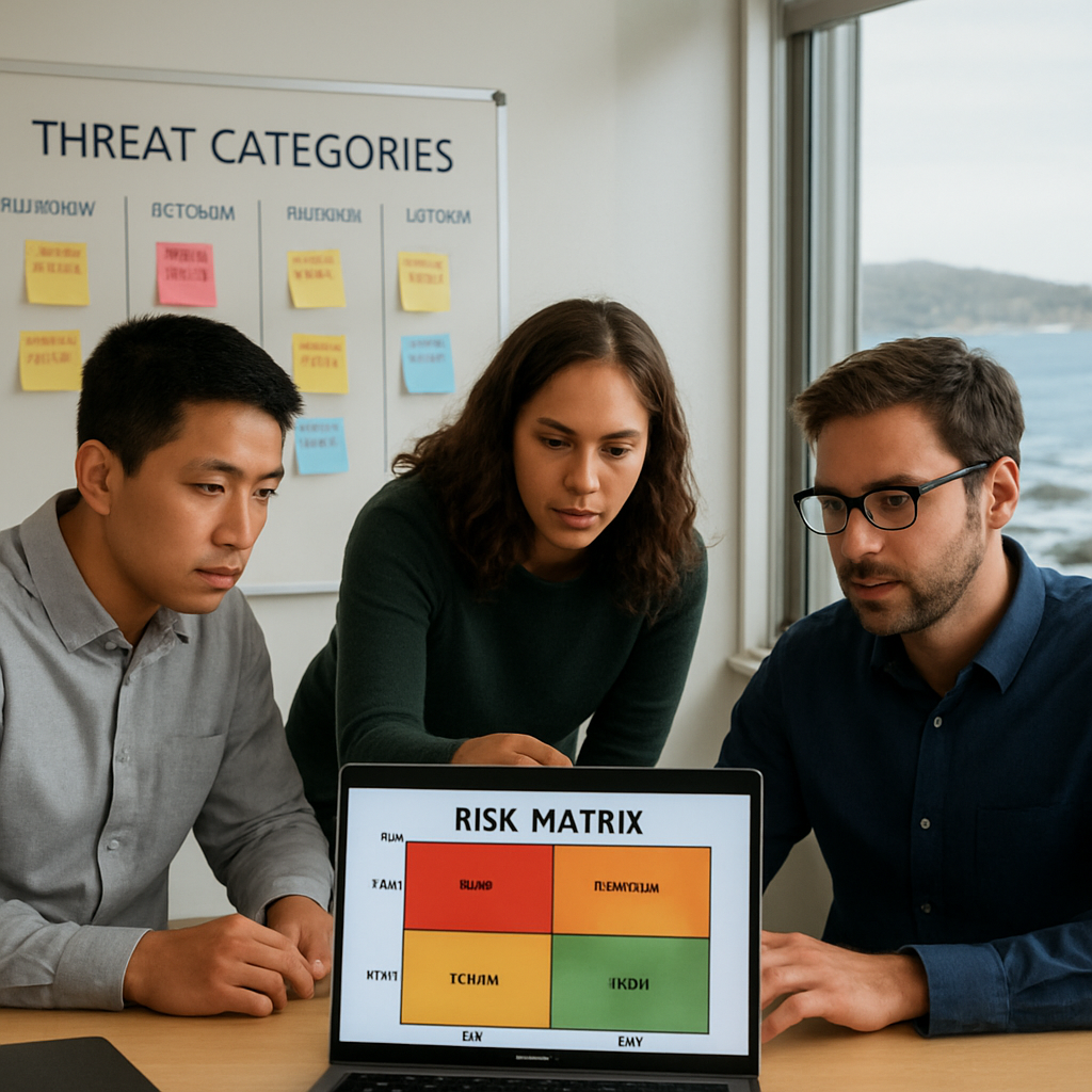 A photorealistic office scene in Monterey area showing a small IT team around a laptop reviewing a risk matrix on-screen, sticky notes on a whiteboard labeled 'Threat Categories' and a coast-view window in the background. Alt: IT risk assessment workshop in a Monterey SMB office.