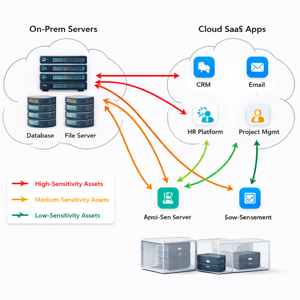A realistic diagram showing on‑prem servers, cloud SaaS apps, and data flow arrows linking them, with labels for &ldquo;high‑sensitivity&rdquo;, &ldquo;medium‑sensitivity&rdquo;, and &ldquo;low‑sensitivity&rdquo; assets. Alt: IT asset inventory and data flow diagram for SMB security audit.