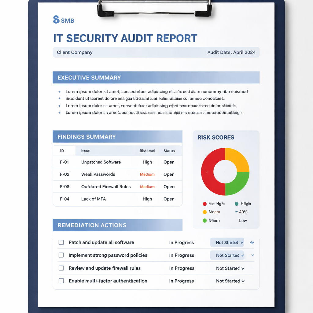 A clean, modern audit report template showing sections for executive summary, findings table, risk scores and remediation actions. Alt: Sample IT security audit report layout for SMBs.