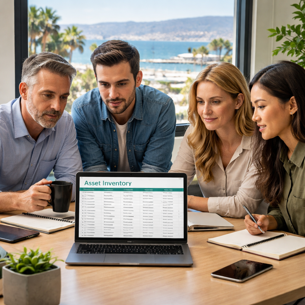 A realistic office scene showing a small Monterey business team reviewing a laptop screen with an asset inventory spreadsheet. Alt: IT security asset inventory Monterey CA small business.