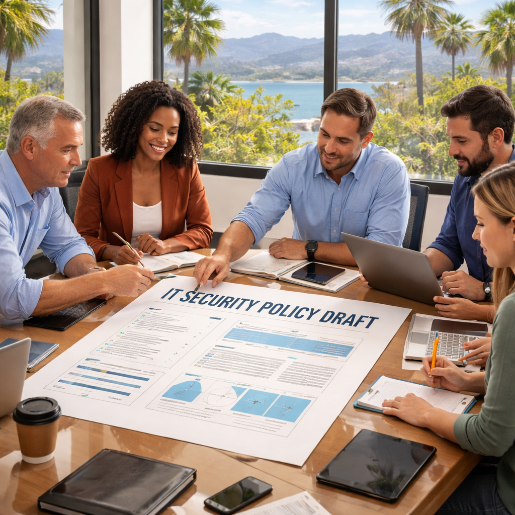 A realistic illustration of a team meeting around a conference table, reviewing a printed IT security policy draft. Alt: IT security policy drafting session Monterey CA SMB.