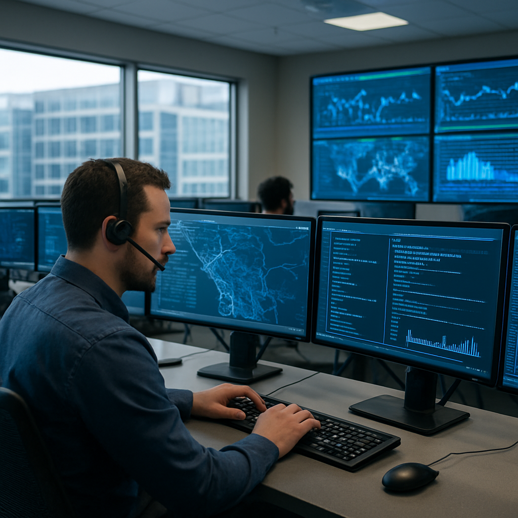 IT security professional monitoring multiple screens displaying data analytics and network activity in a Bay Area cybersecurity operations center.