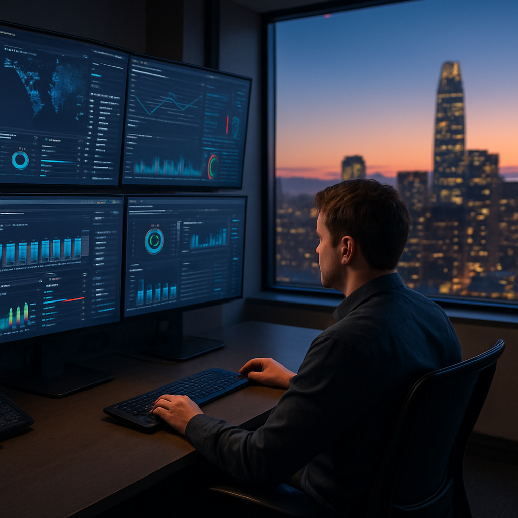 Professional monitoring of IT security metrics on multiple screens, showcasing real-time data analysis in a Bay Area office with a city skyline at dusk.