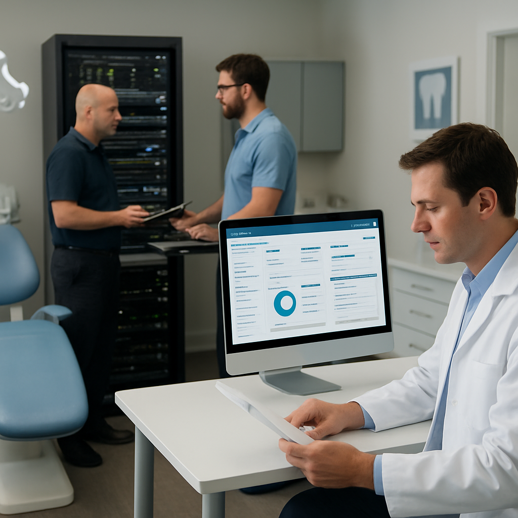 Dental IT professionals reviewing cybersecurity measures and data management strategies in a modern dental office setting, featuring a computer screen displaying IT dashboard metrics.