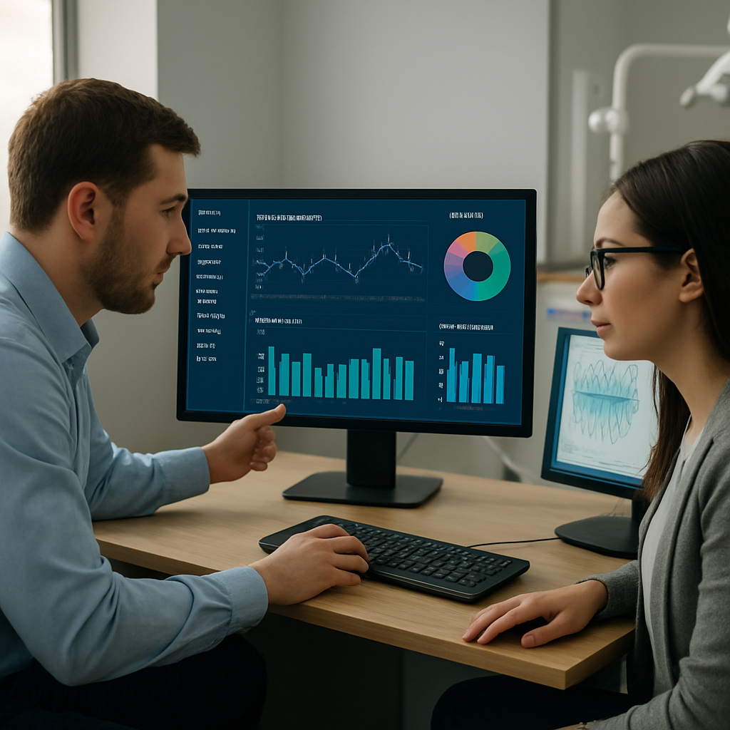 Two professionals discussing data analytics on computer screens in a dental office, showcasing graphs and charts relevant to IT management and operational efficiency in dental practices.